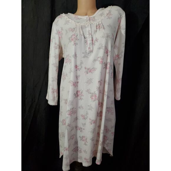 MISS ELAINE Women's Nightgown PINK FLORAL FLANNEL Round Neck Long Sleeve LARGE - Picture 1 of 10
